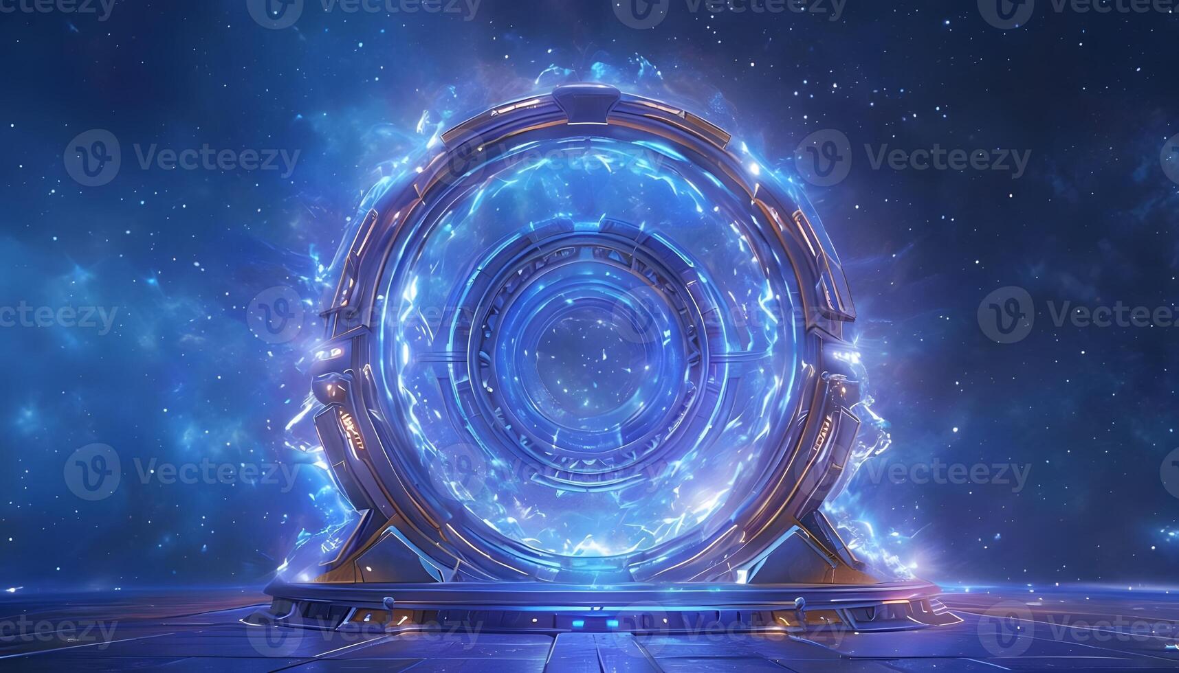 A blue circular structure with glowing lights photo