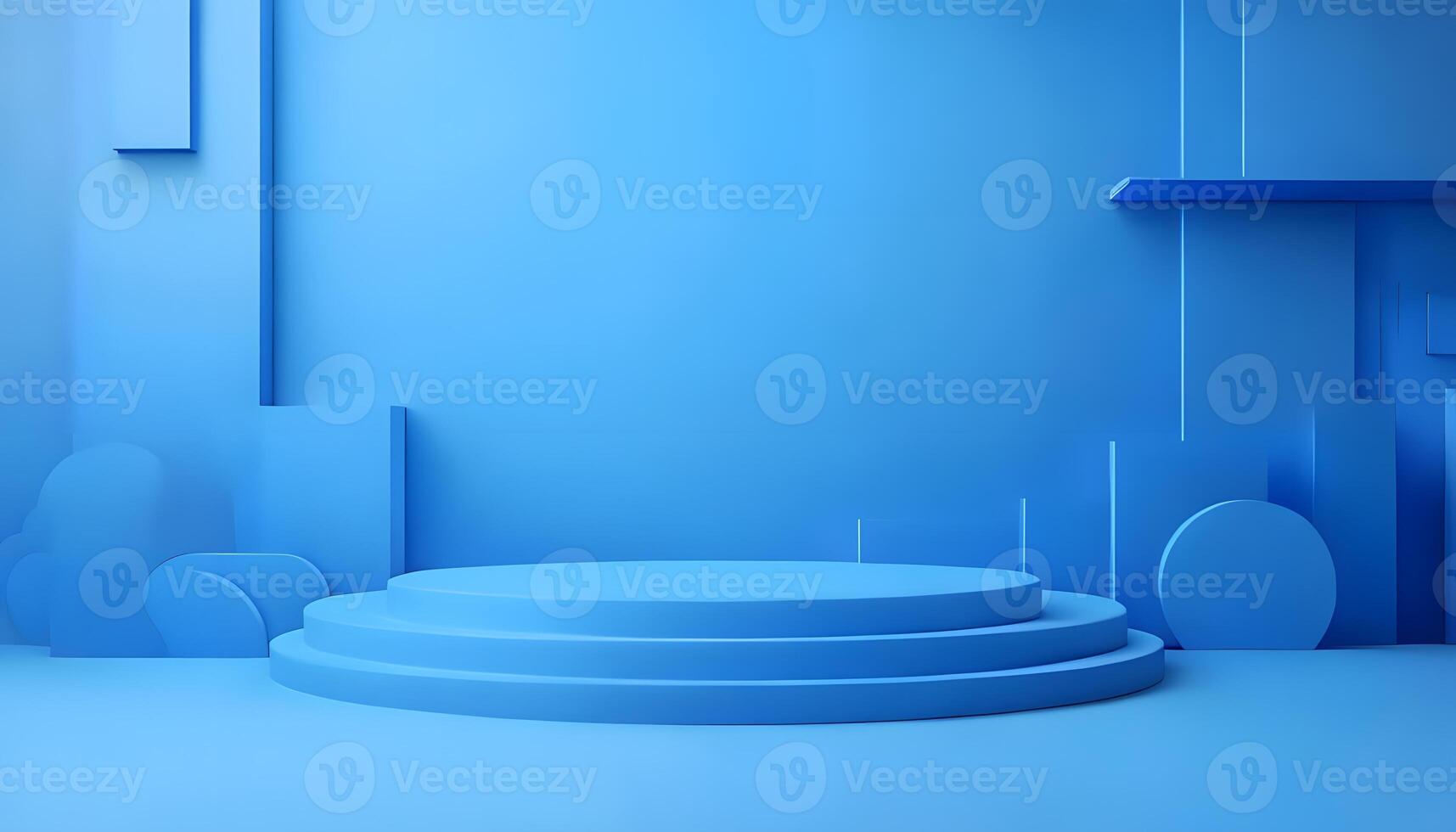 3d render of a stage with blue walls and a podium photo