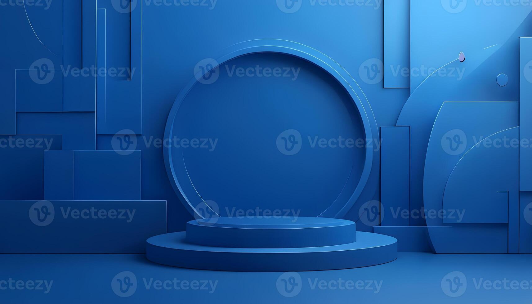 Blue background with a podium and a round oval photo