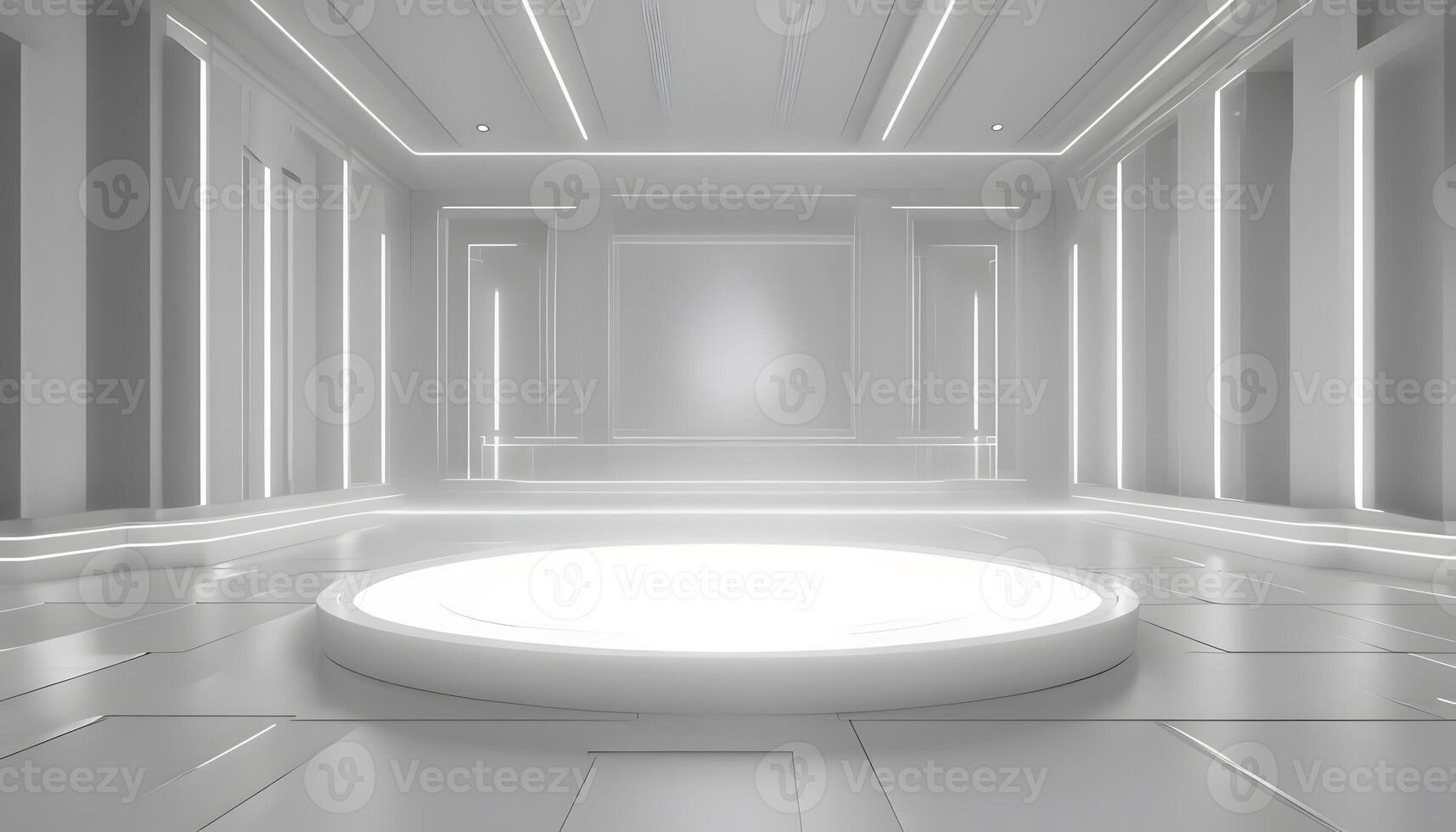An empty room with a circular light on the floor photo