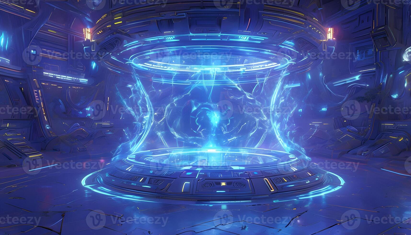 A futuristic space station with glowing lights photo