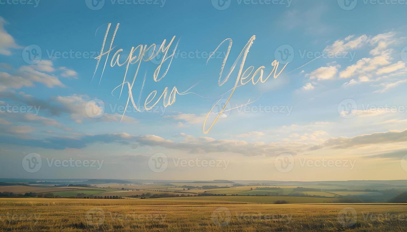 Happy new year text on a field photo