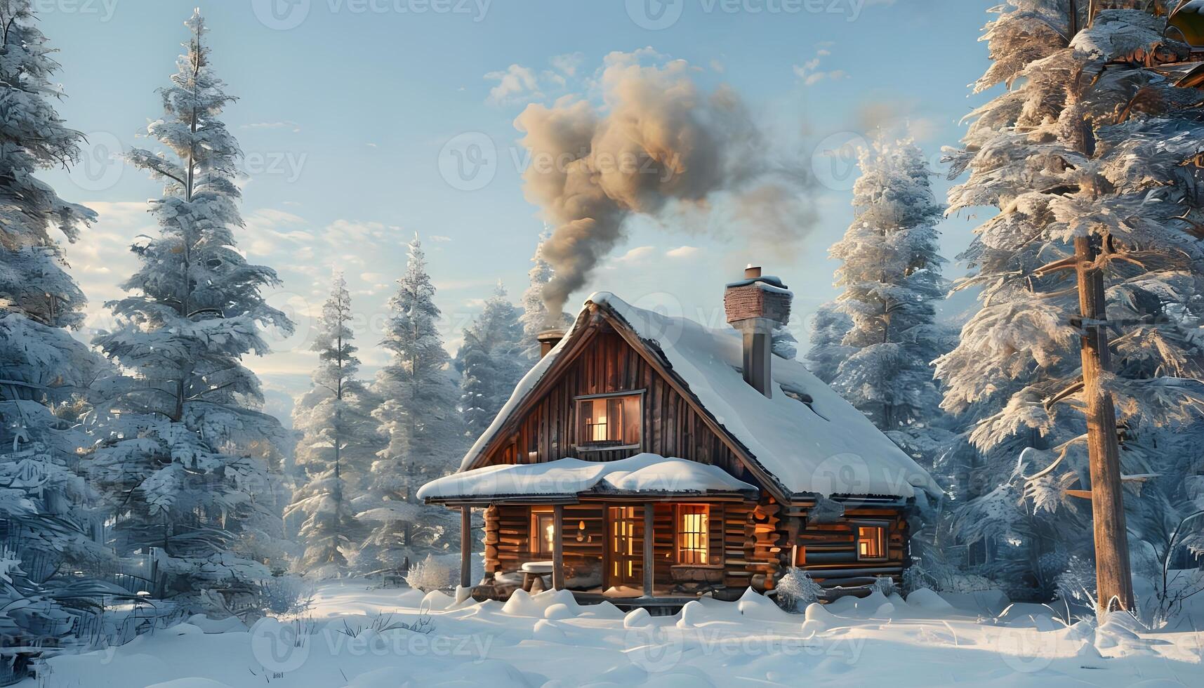 A small cabin in the middle of a snowy forest photo