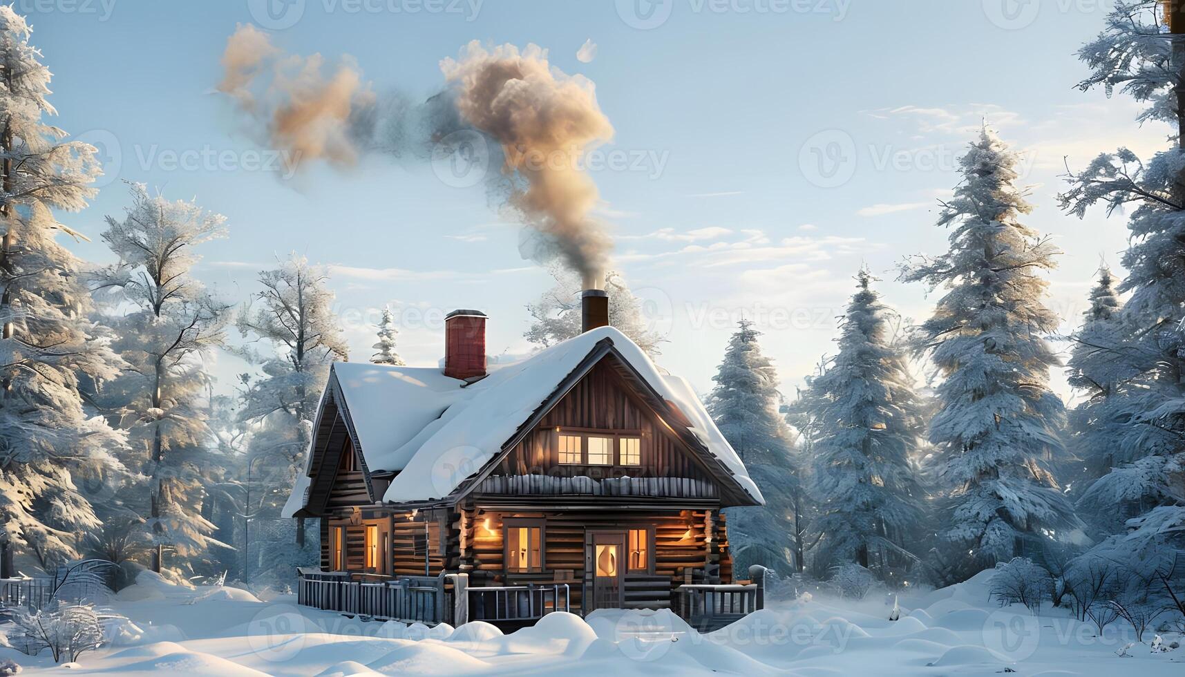 A log cabin in the middle of a snowy forest photo