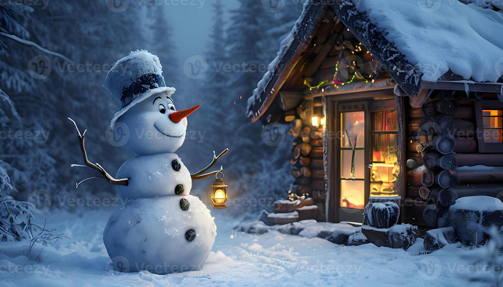 A snowman stands in front of a cabin in the snow photo