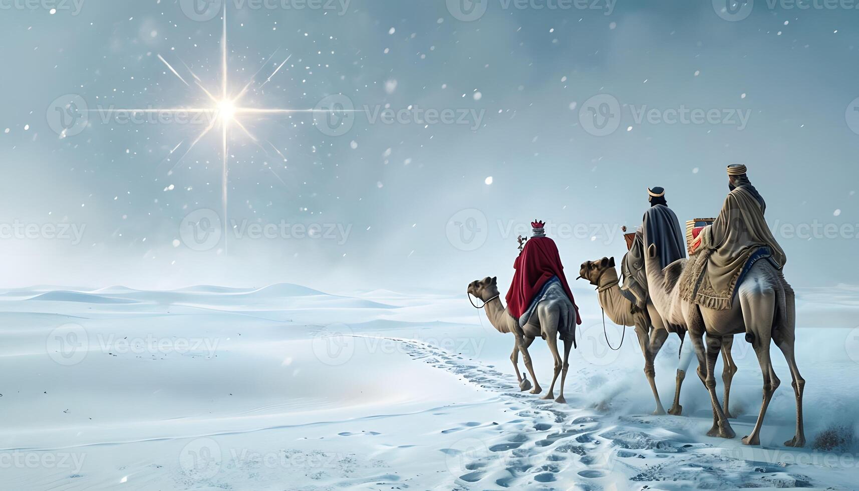 Three wise men riding camels in the snow photo