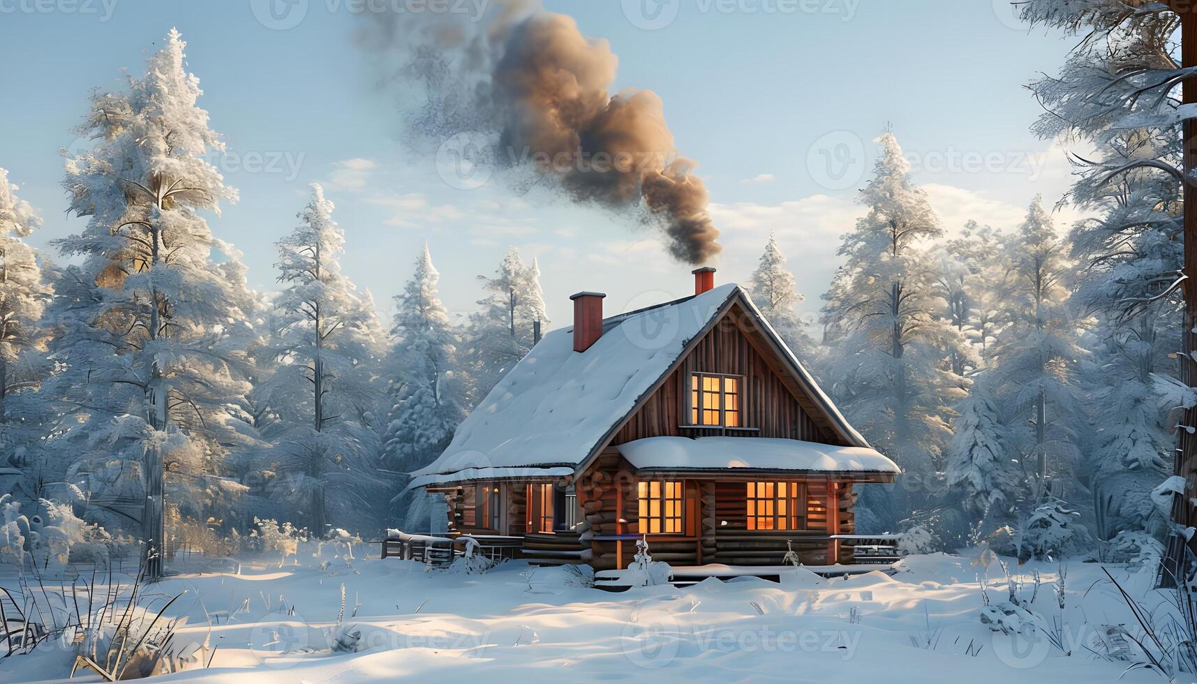 A small cabin in the middle of a snowy forest photo