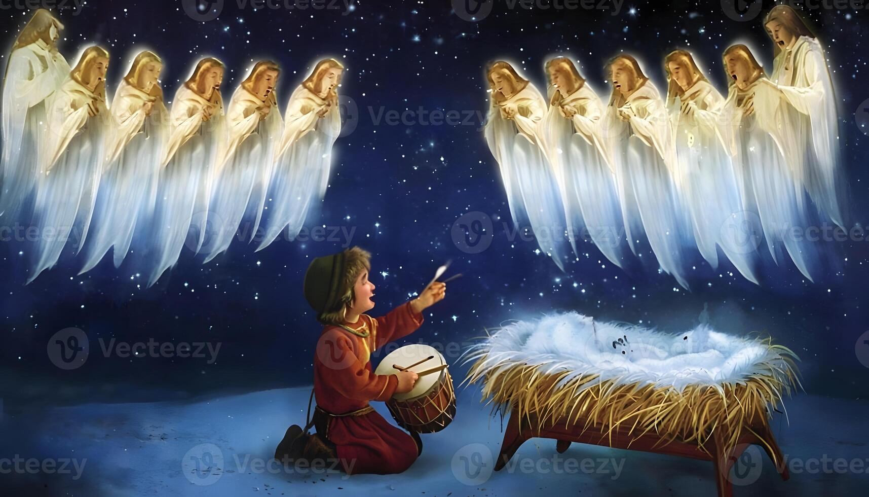 A manger scene with angels and a baby in the manger photo