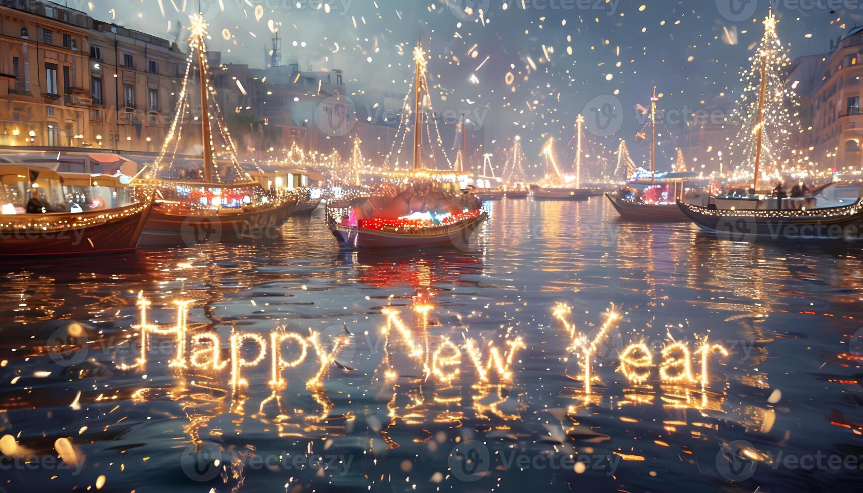 Happy new year message on boats in the water photo