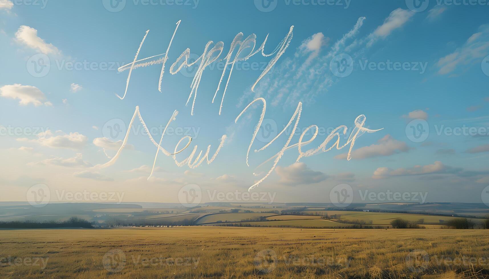 Happy new year text on a field photo