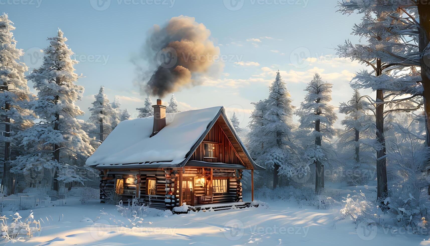 A small log cabin in the middle of a snowy forest photo