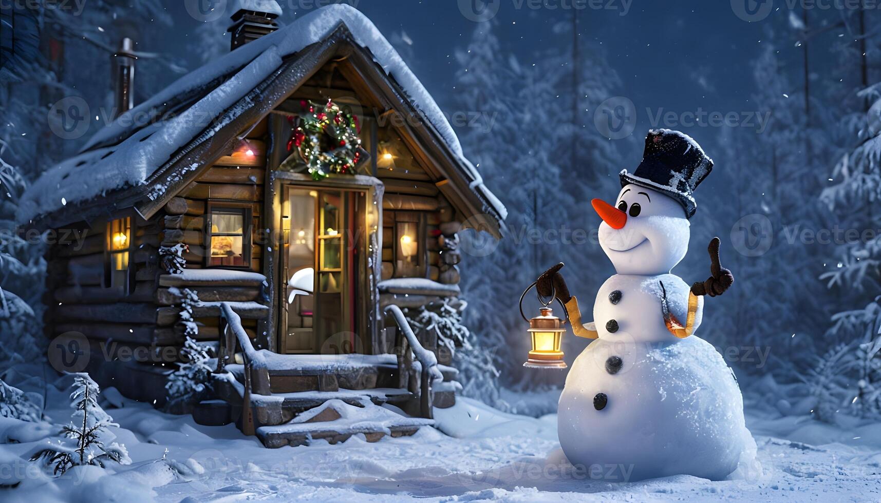 A snowman is standing in front of a cabin photo