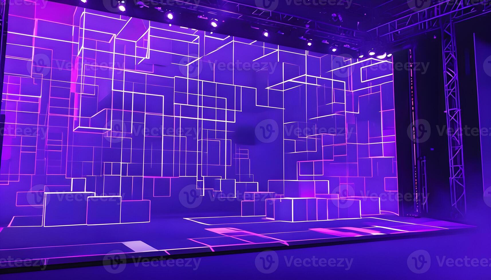 A stage with purple lights and a large screen photo