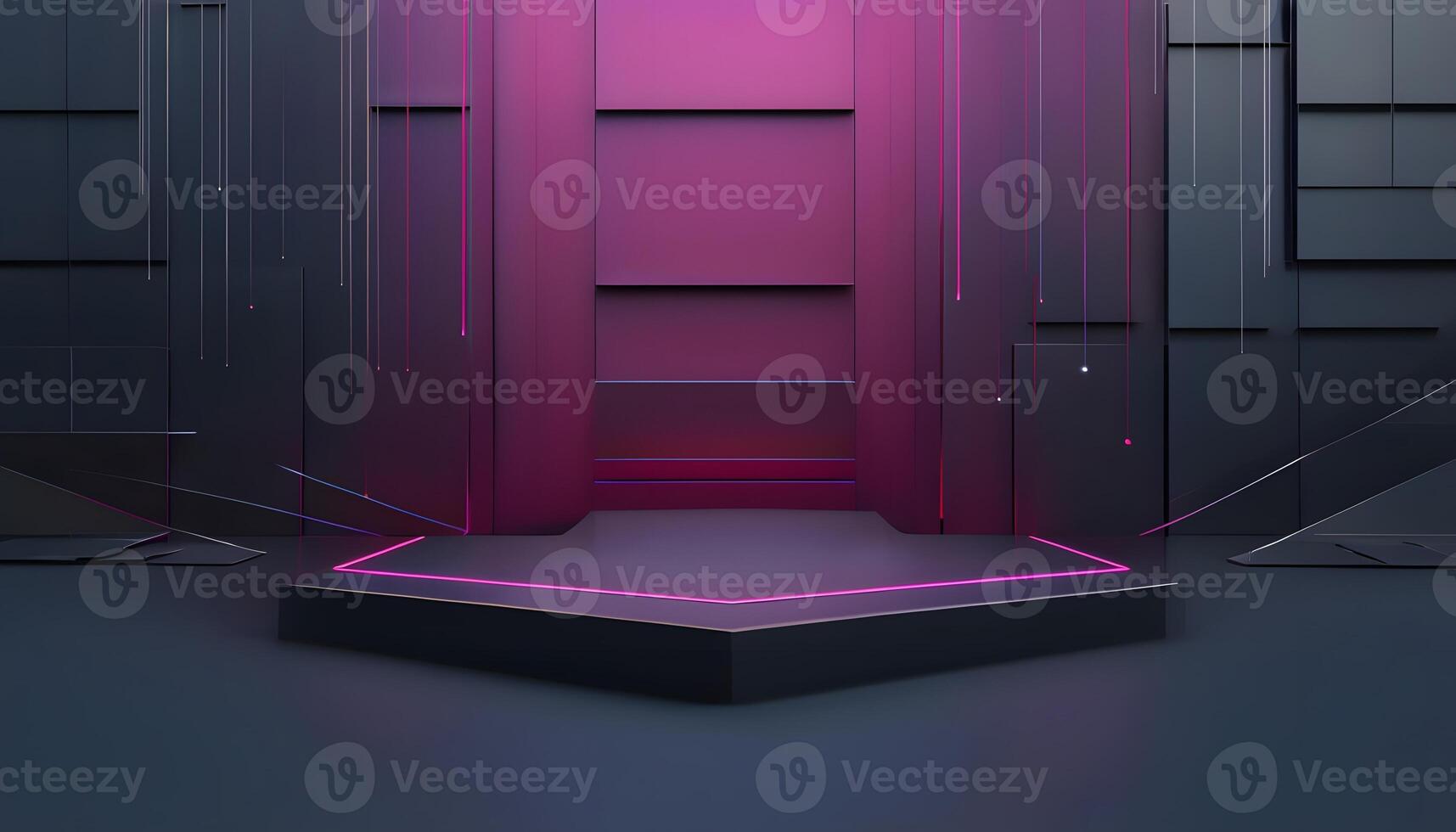 A futuristic room with neon lights and a platform photo