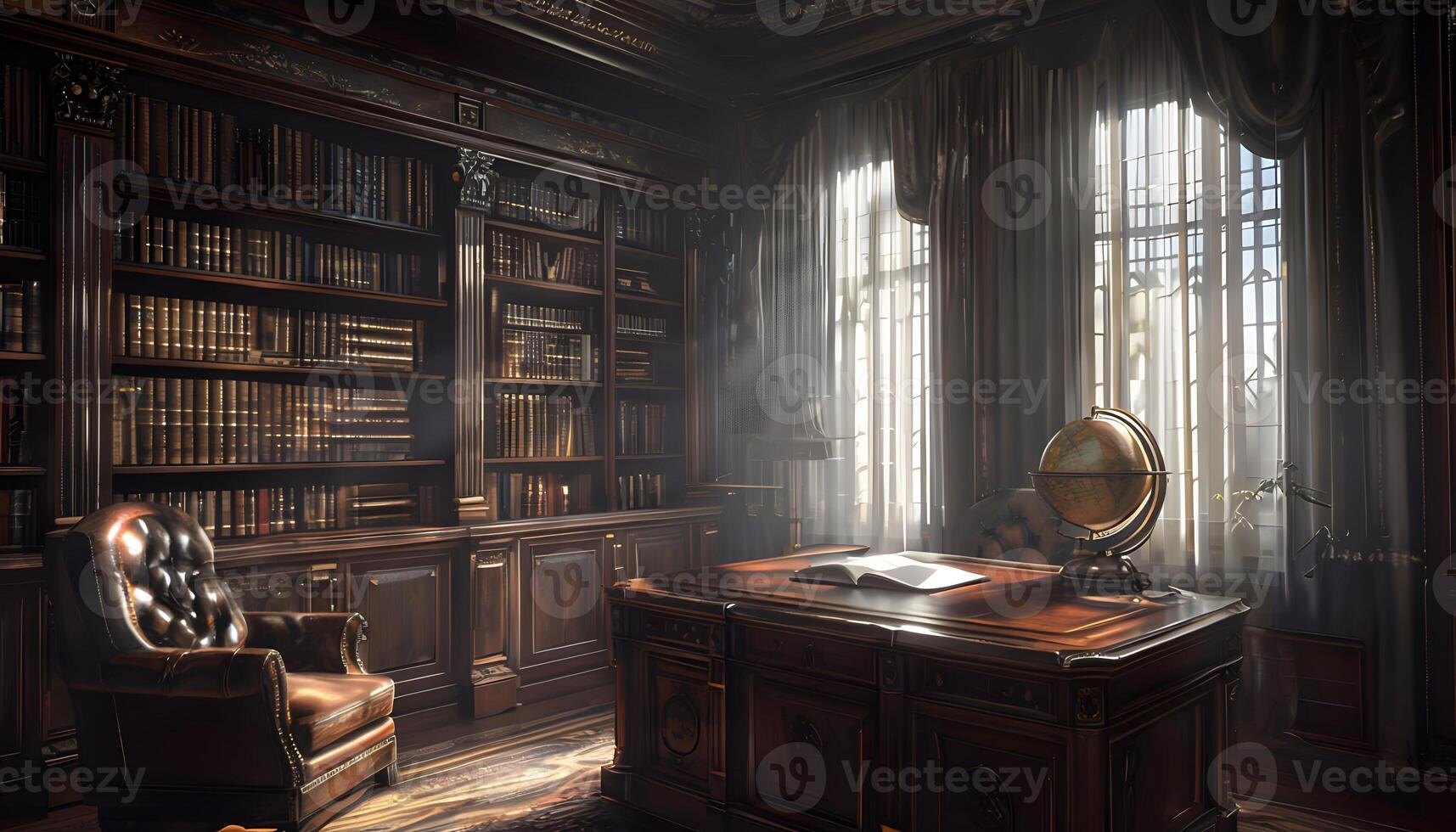 A library with a desk and chair in front of a window photo