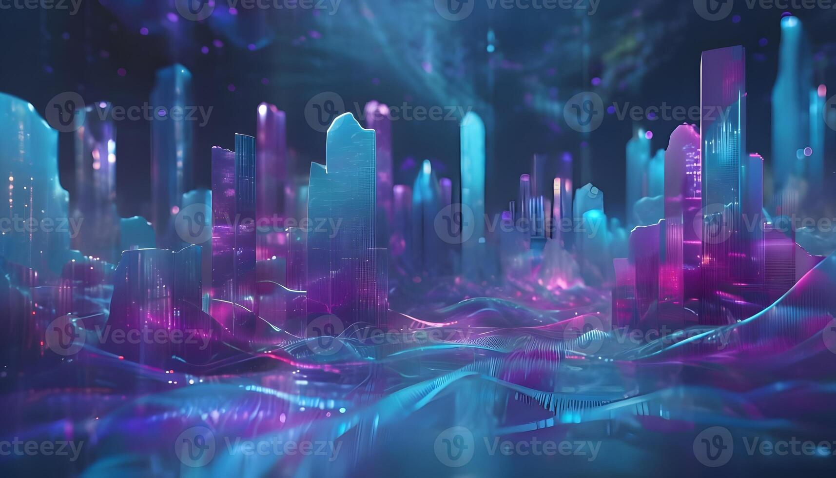 A futuristic city with neon lights and water photo