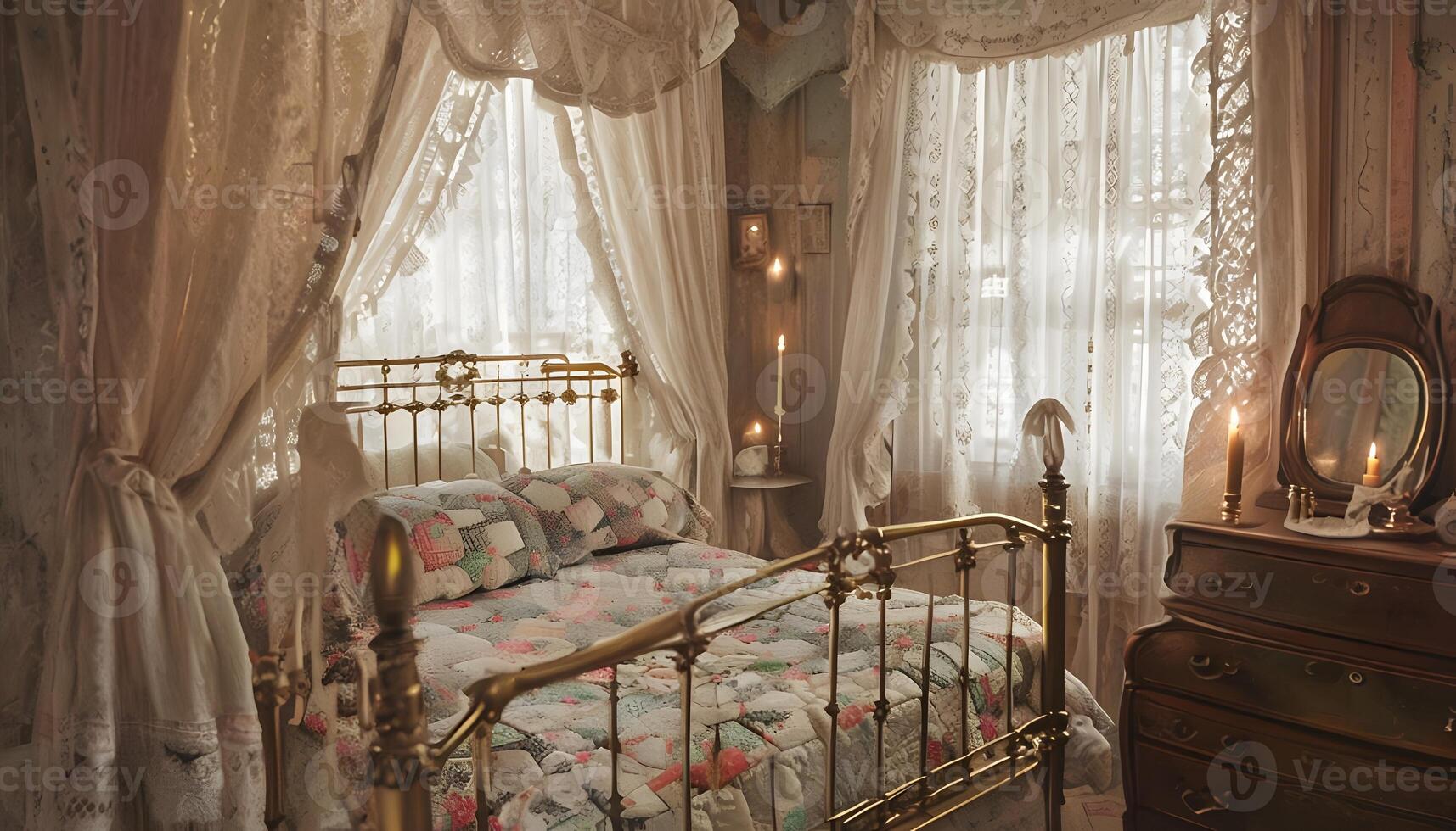 A bed with a floral patterned comforter and a dresser photo