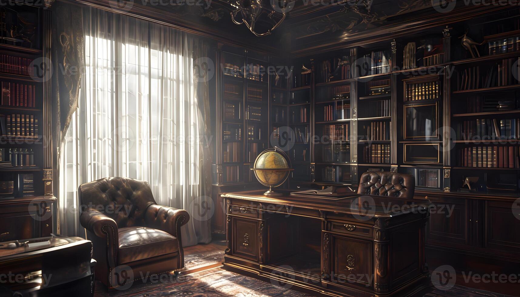 A library with a desk and chair in front of a large bookcase photo