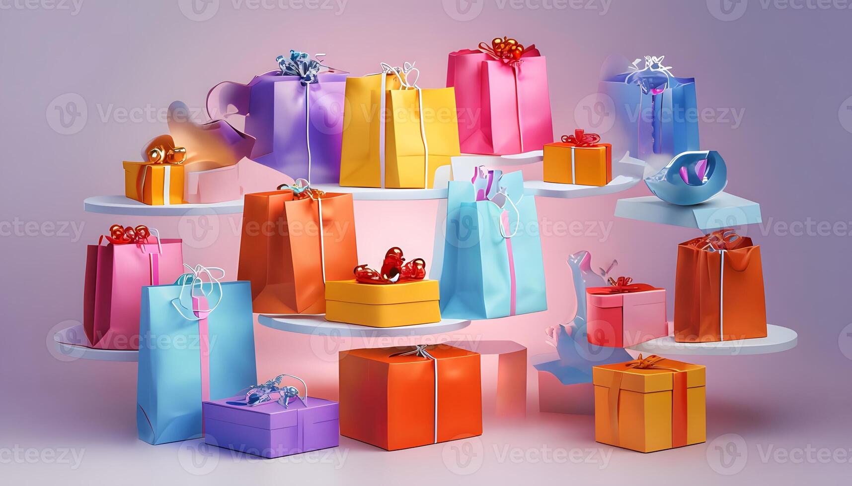Many colorful gift boxes on a shelf photo