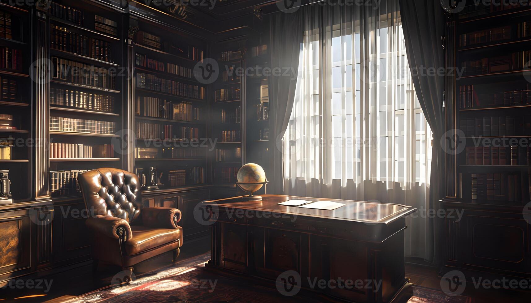 A desk and chair in a library with bookshelves photo