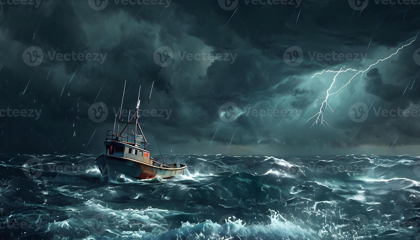 A boat in the ocean with a lightning bolt photo