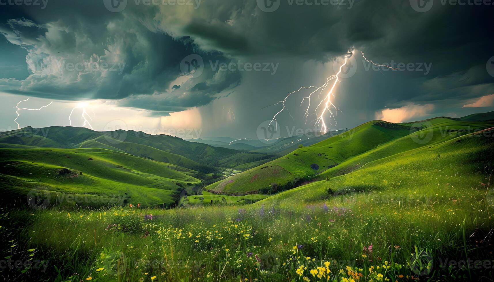 A field with green grass and flowers photo
