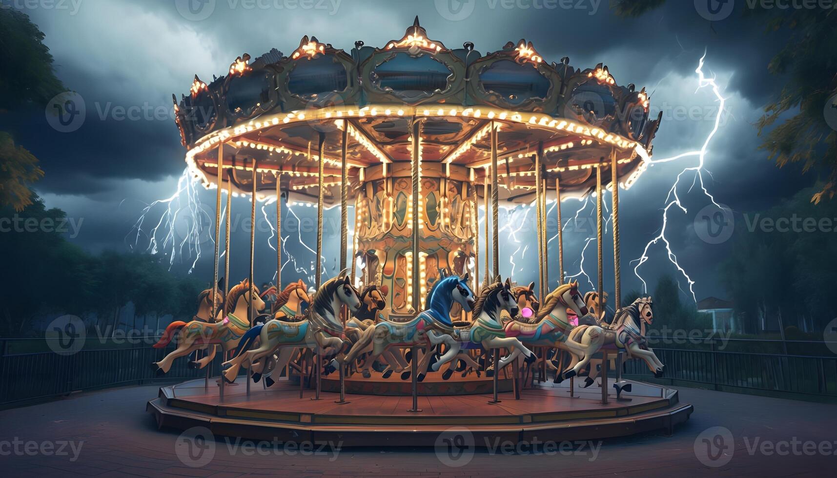 A carousel ride is shown with lightning in the background photo