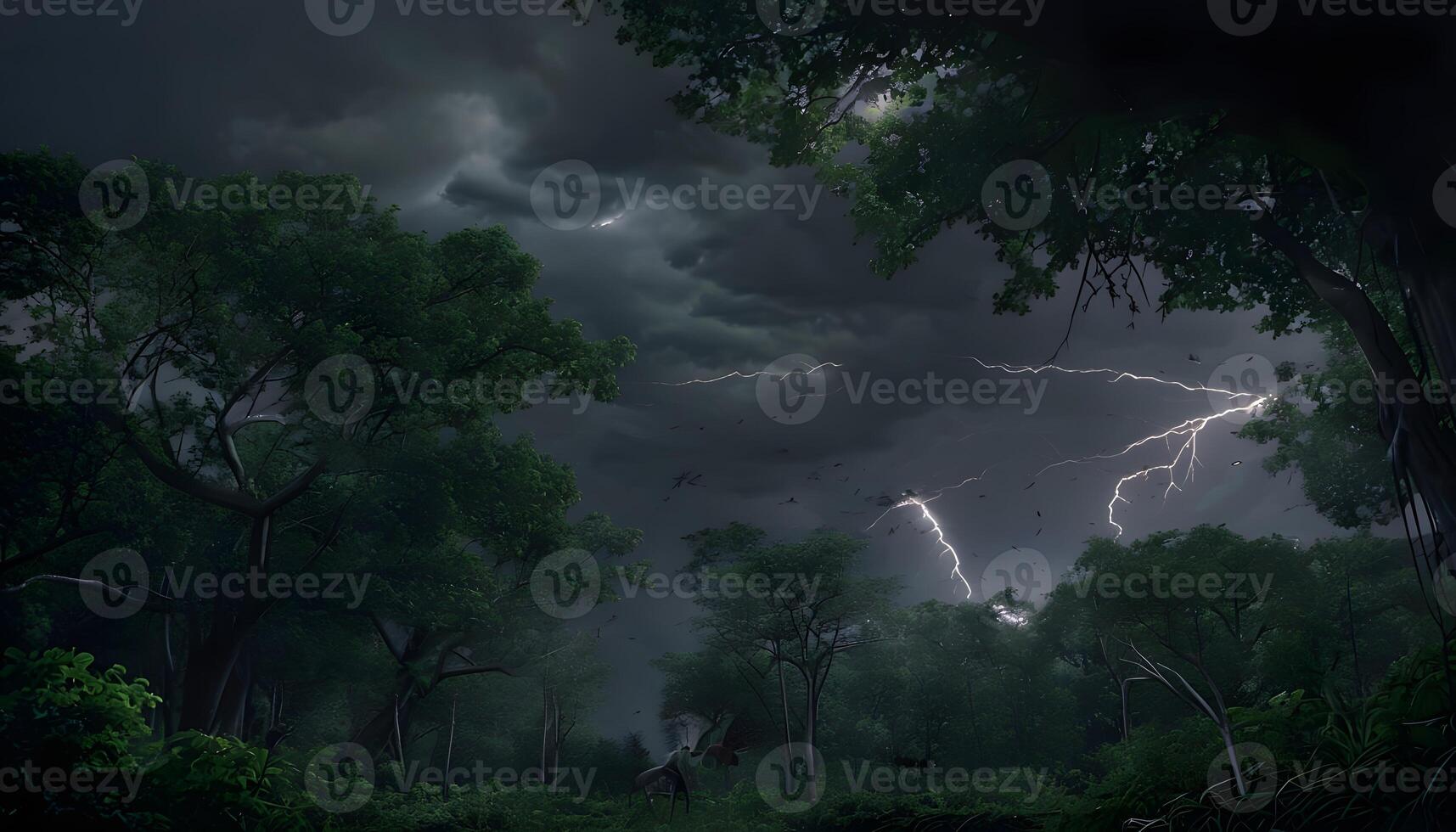 A dark forest with lightning and trees photo