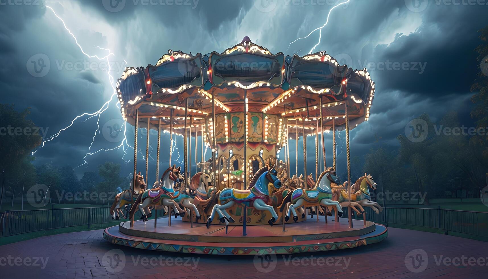 A carousel ride with lightning in the background photo