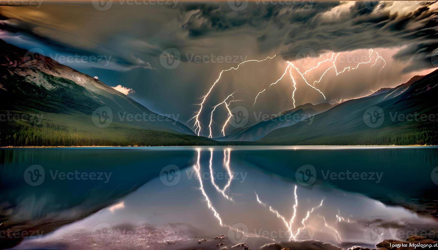 A lightning bolt is reflected in a lake photo