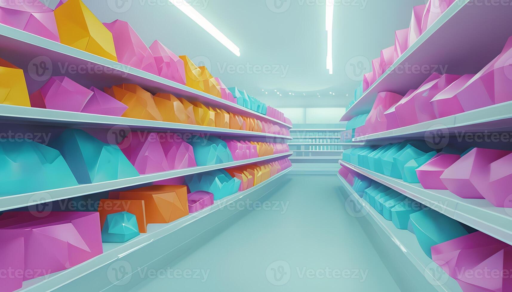 A long aisle with colorful boxes on shelves photo