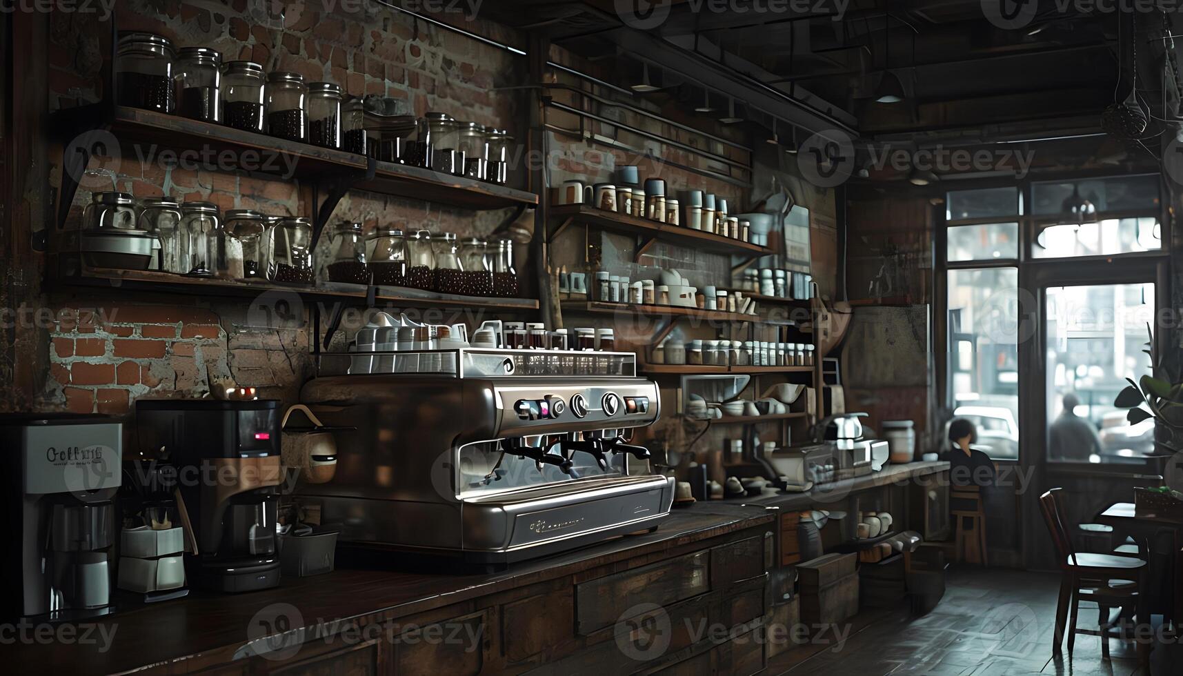 A coffee shop with a lot of shelves and a lot of coffee machines photo
