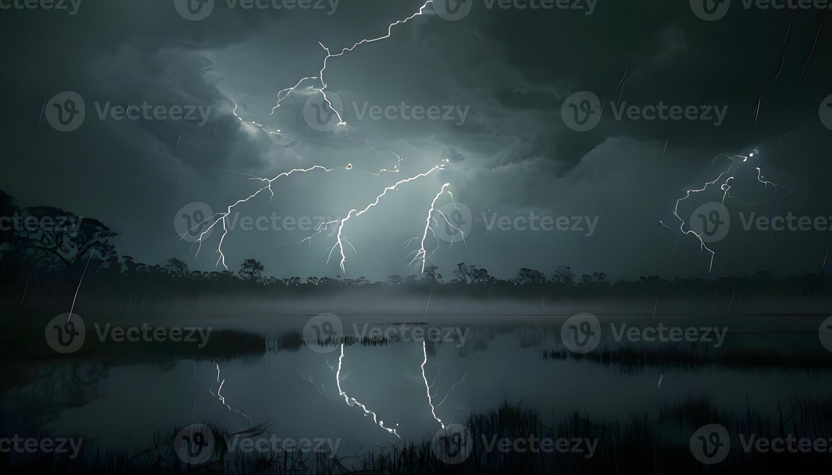 A lightning storm is seen over a lake photo