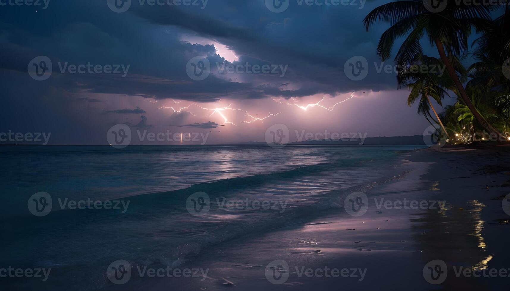 A stormy night with lightning and palm trees photo