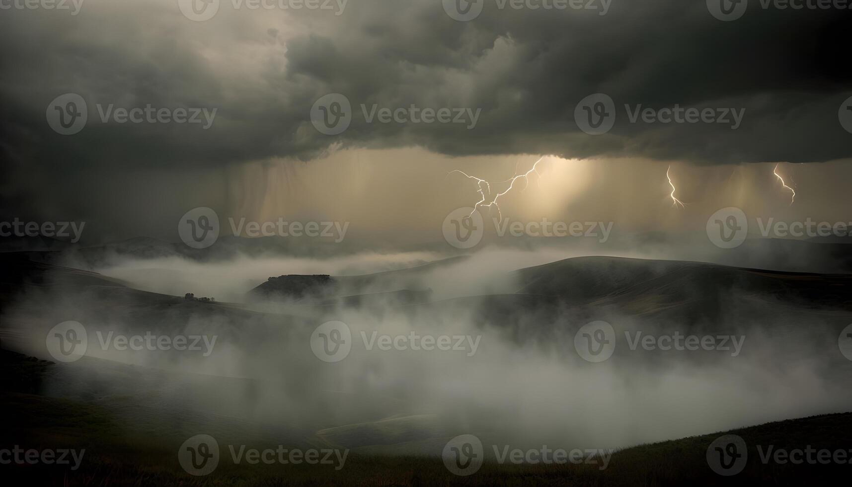 A stormy sky with lightning and clouds over a mountain range photo
