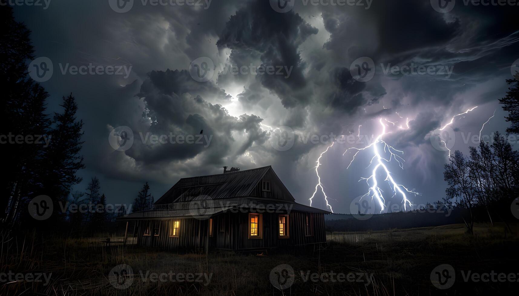 A house with lightning and thunder in the sky photo