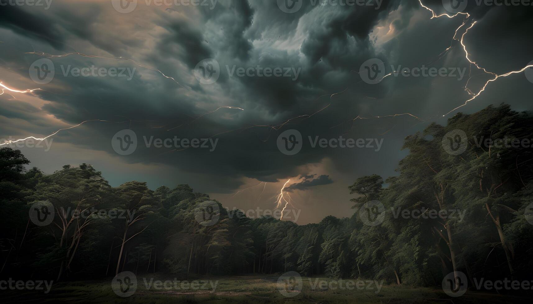 A stormy sky with lightning and trees photo