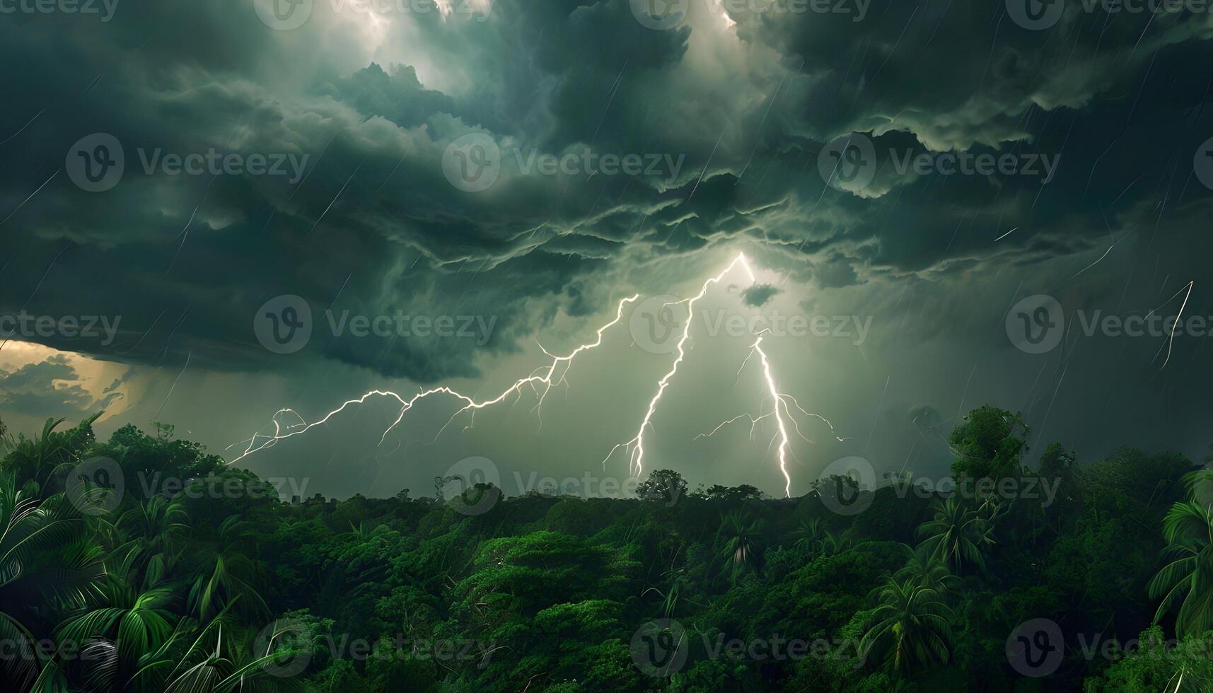A stormy sky with lightning and rain over a forest photo