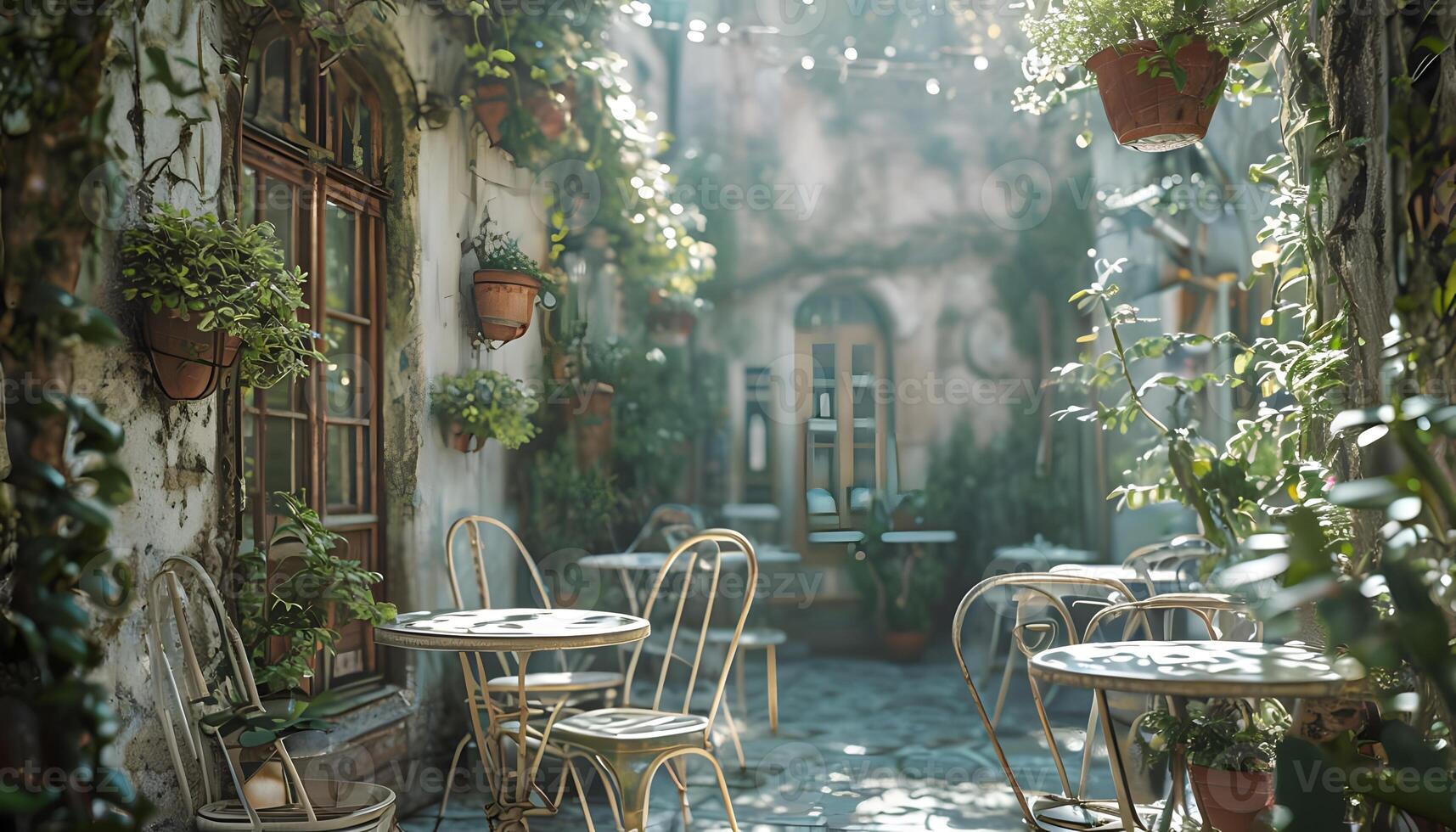A courtyard with tables and chairs in the middle of a city photo