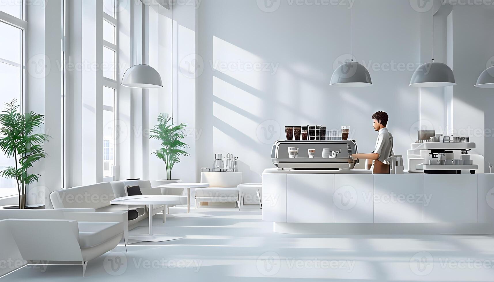 A woman is standing at a coffee bar in a white room photo