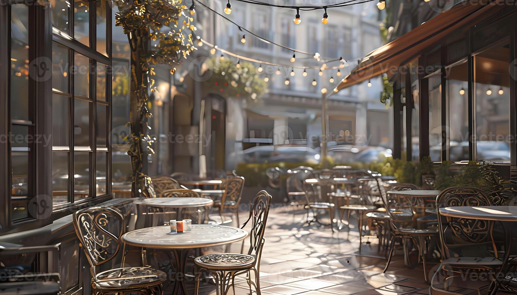 A restaurant with tables and chairs outside photo