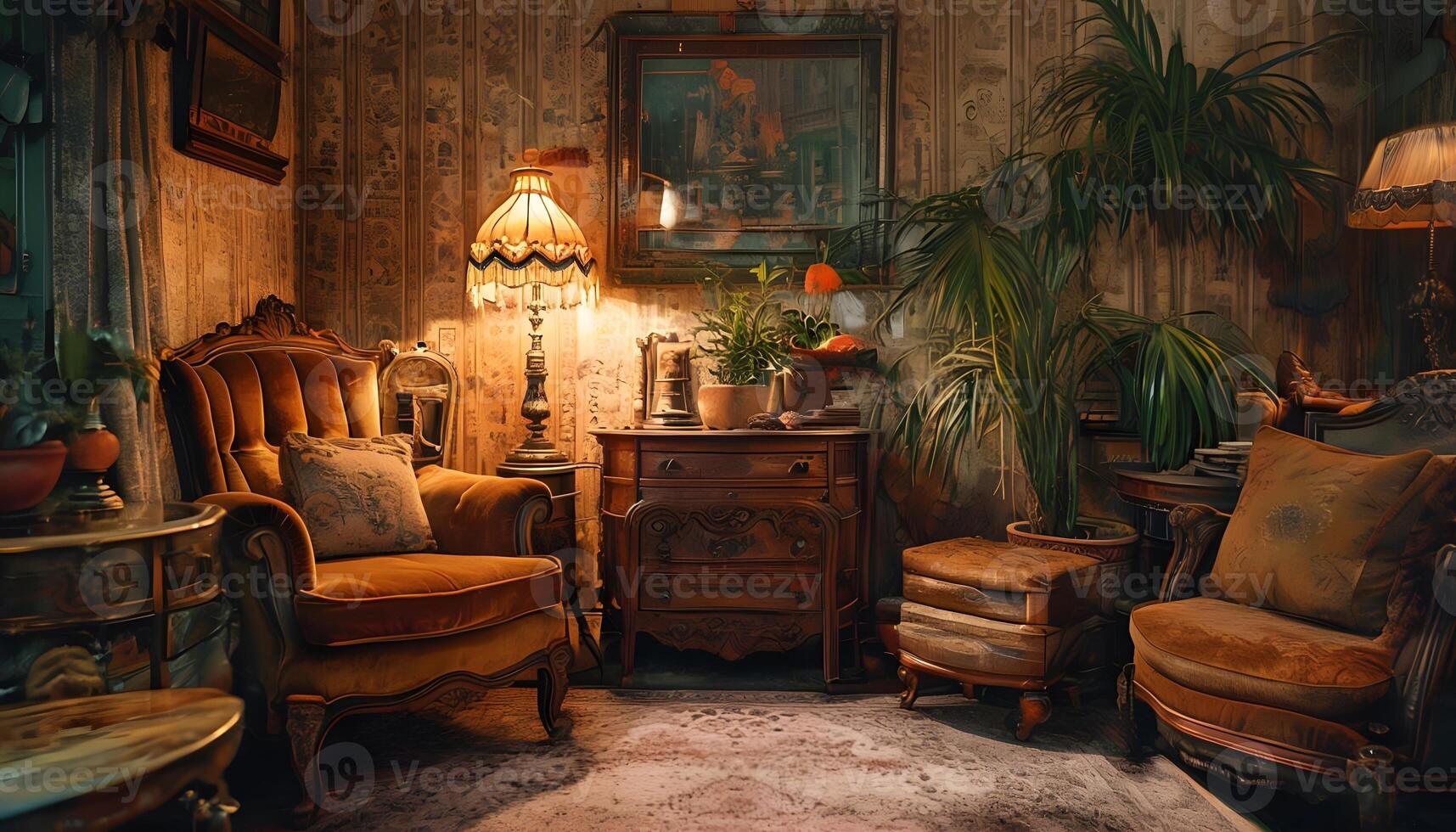 A room with a chair, lamp and plant photo
