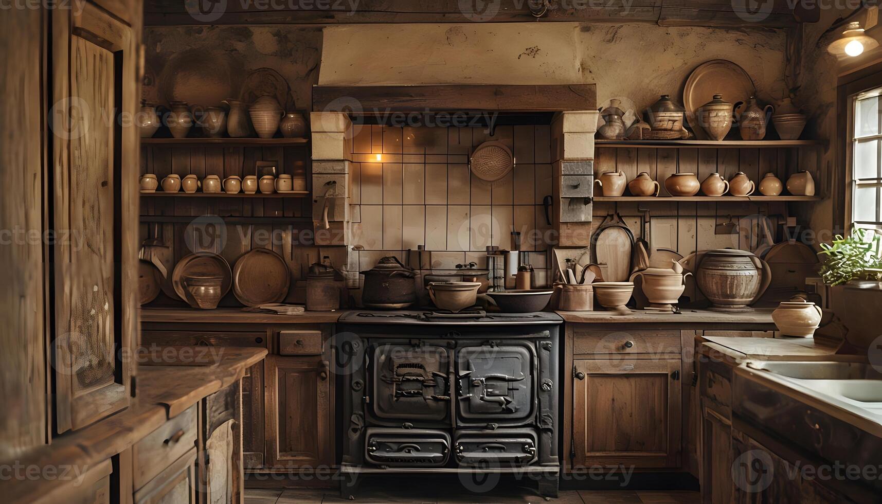 A kitchen with a stove and a lot of pots and pans photo