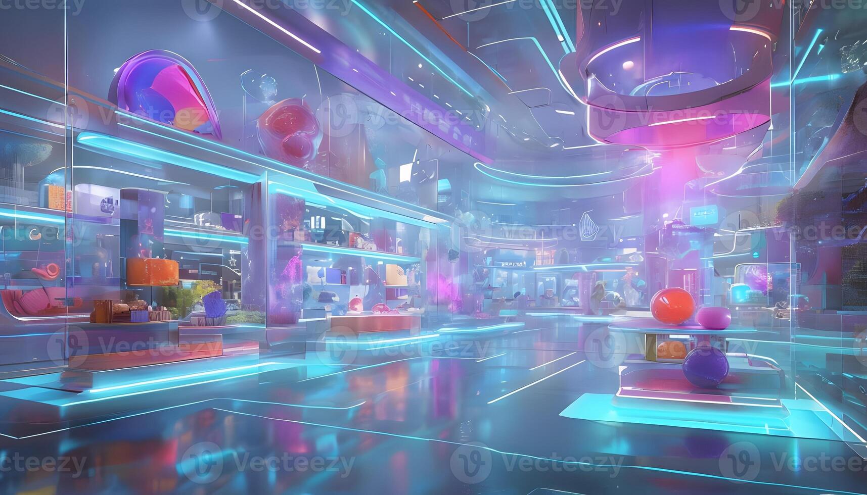 A futuristic store with neon lights and lots of items photo