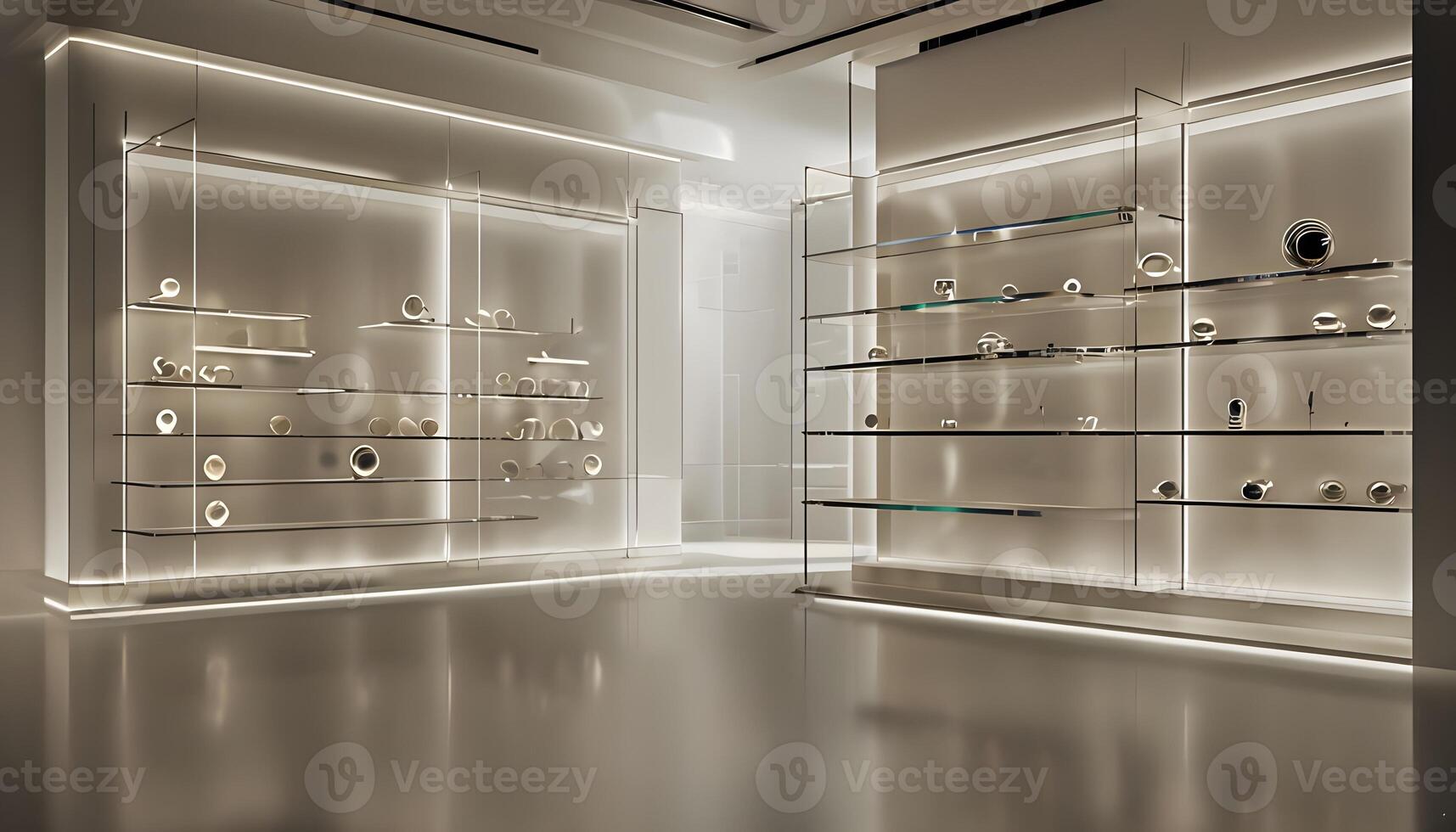 A room with a lot of glass shelves and lights photo