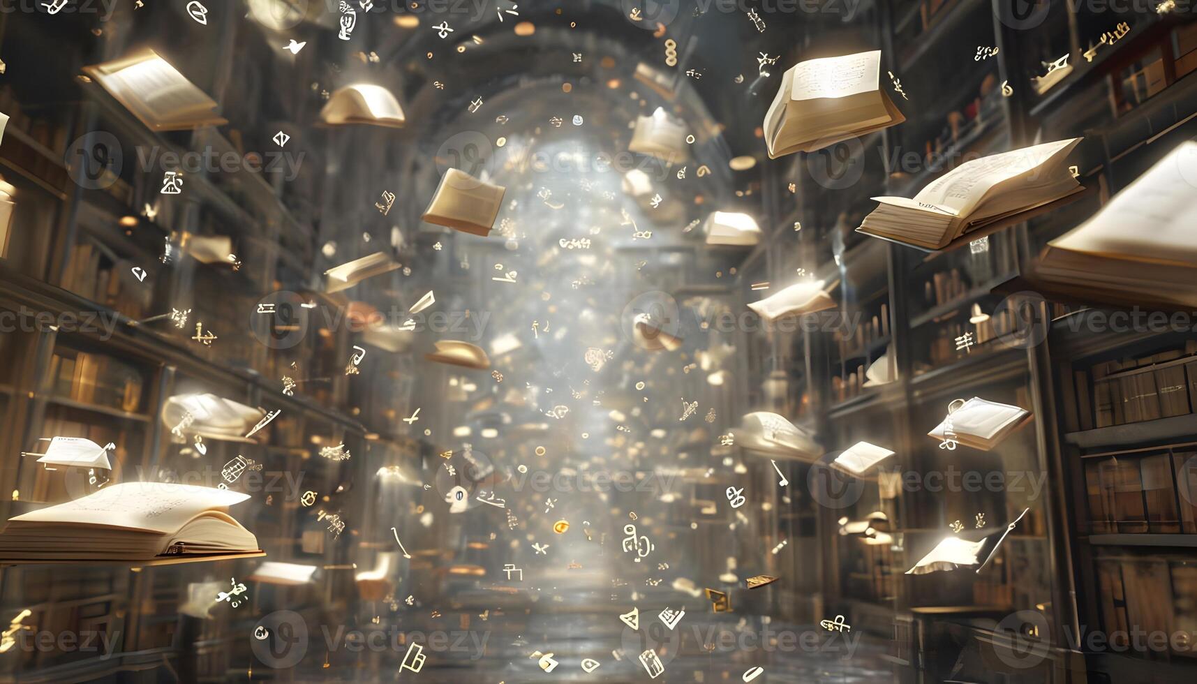 A library filled with books and flying books photo