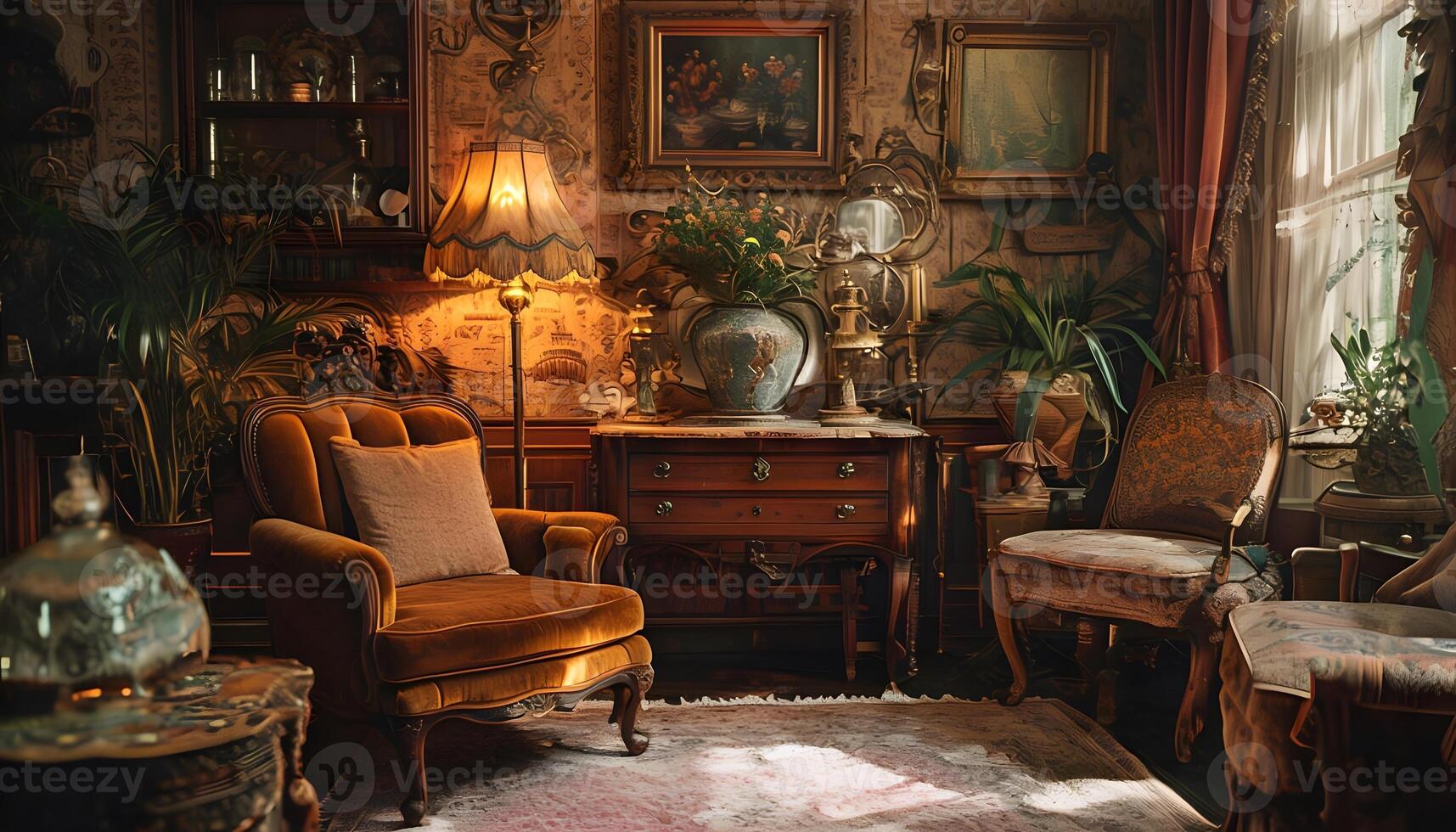 A living room with a chair, a lamp, and a table photo