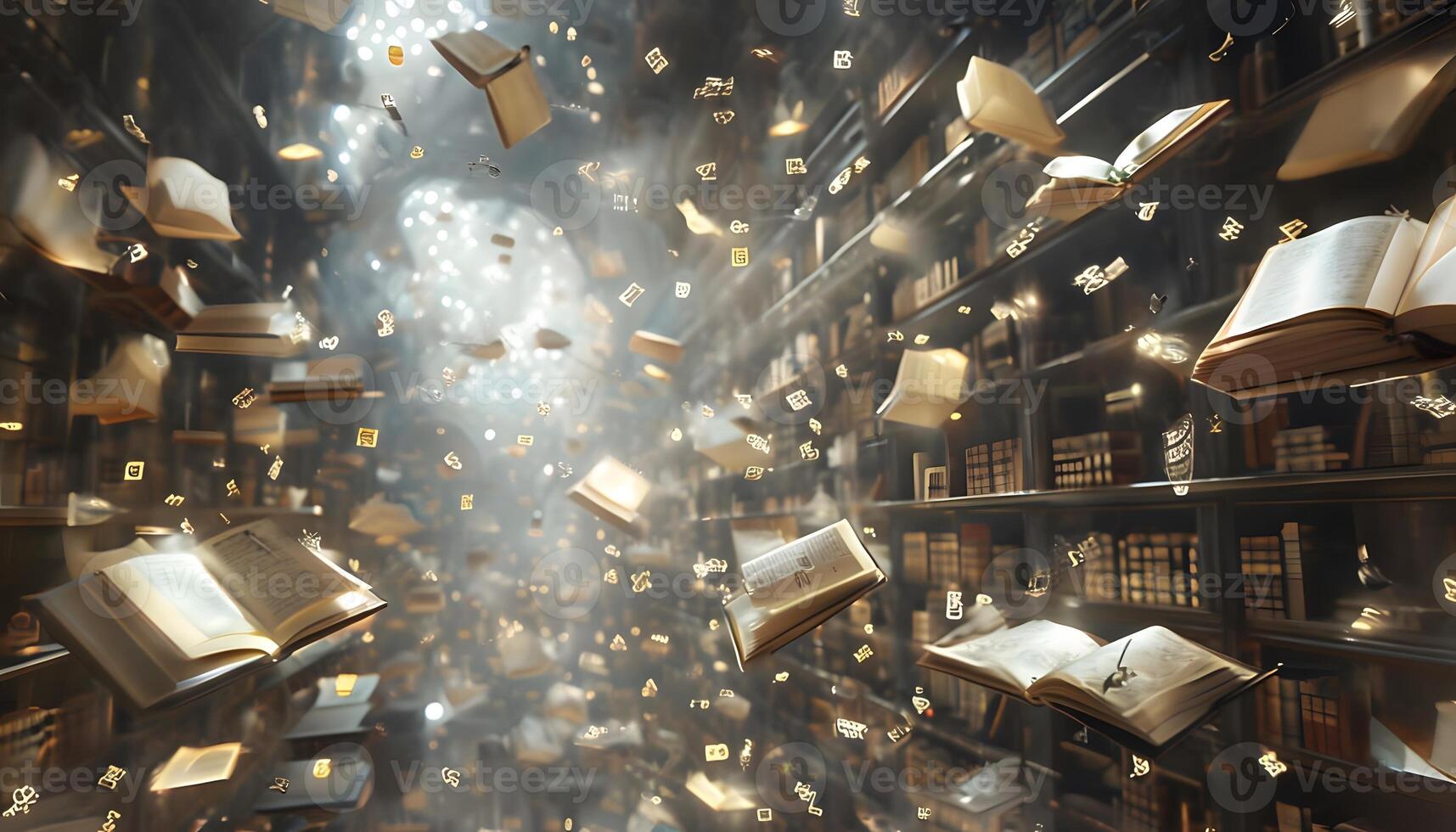 A library filled with books and flying books photo