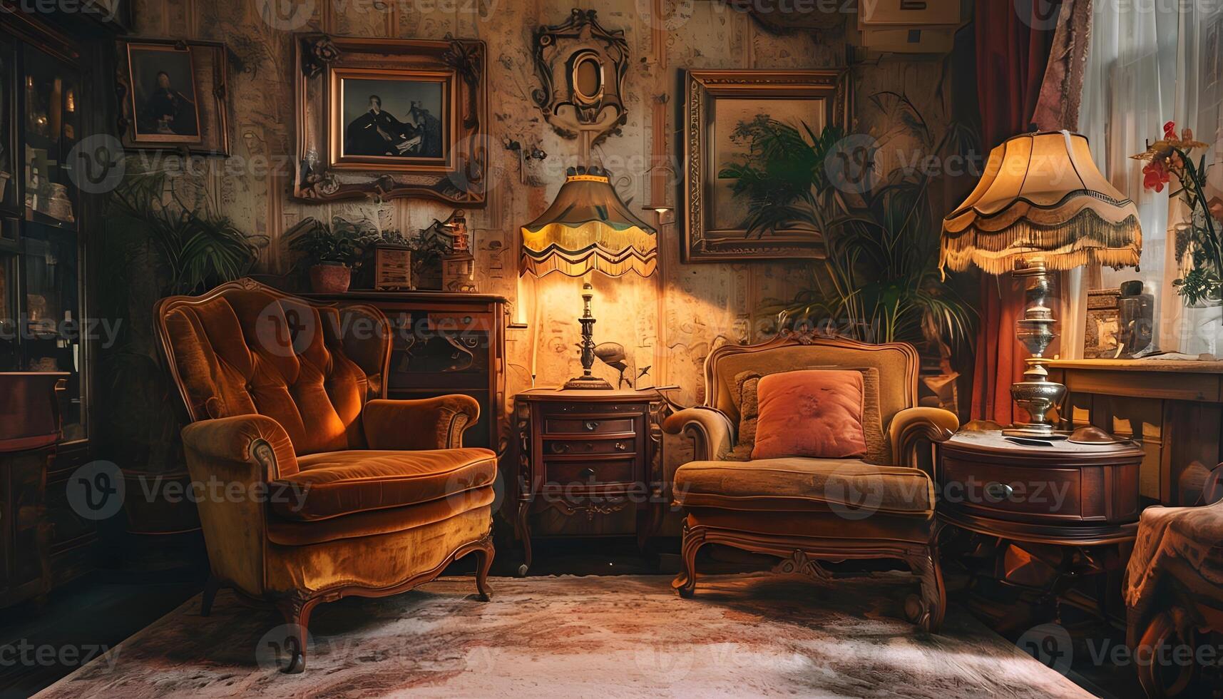 A room with antique furniture and pictures on the wall photo