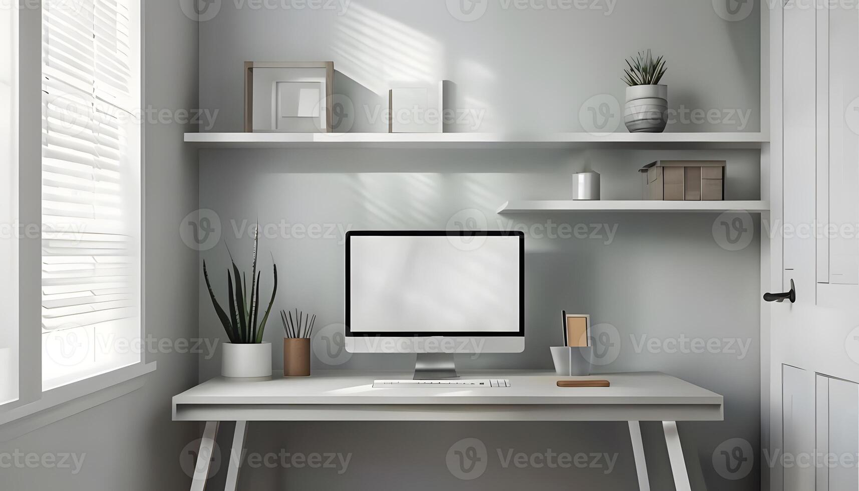 A white computer desk in a room with a window photo